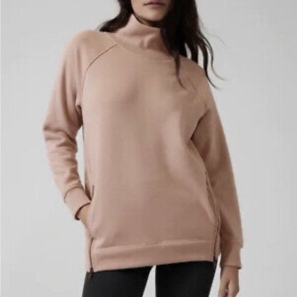 Athleta Sweatshirt Cozy Karma Side Zip Funnel Neck Mocha Latte Sz S - Picture 1 of 13